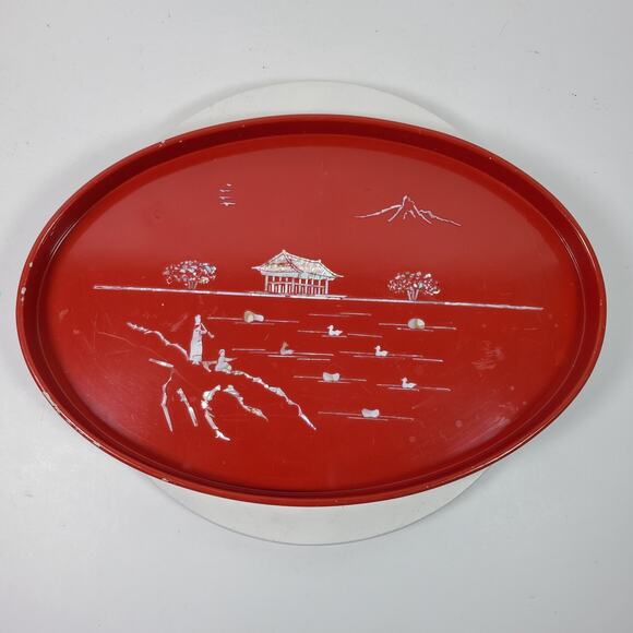Vintage Red Oval Wood & Mother of Pearl Serving Tray 18 Inch Long - Picture 1 of 7